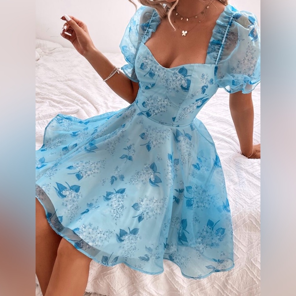 Floral Print Zipper Back Organza medium blue Dress